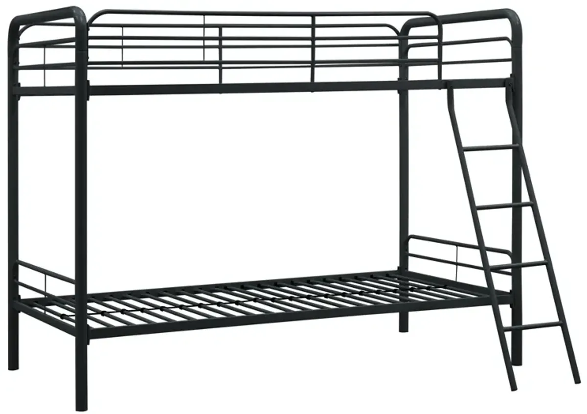 Twin over Twin Metal Bunk Bed with Slanted Front Ladder and Guardrails