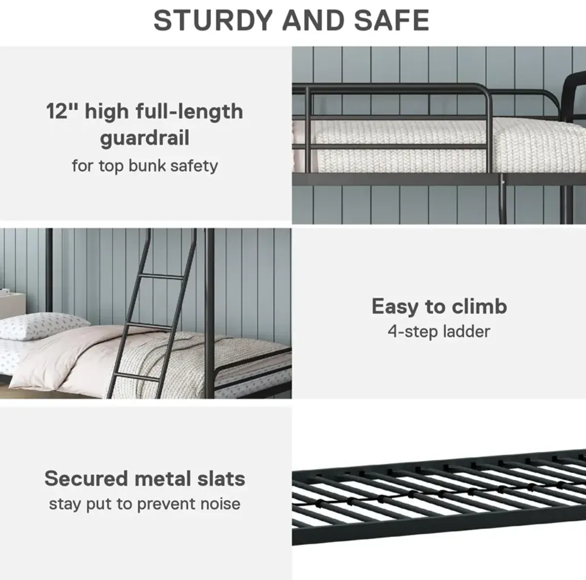 Twin over Twin Metal Bunk Bed with Slanted Front Ladder and Guardrails