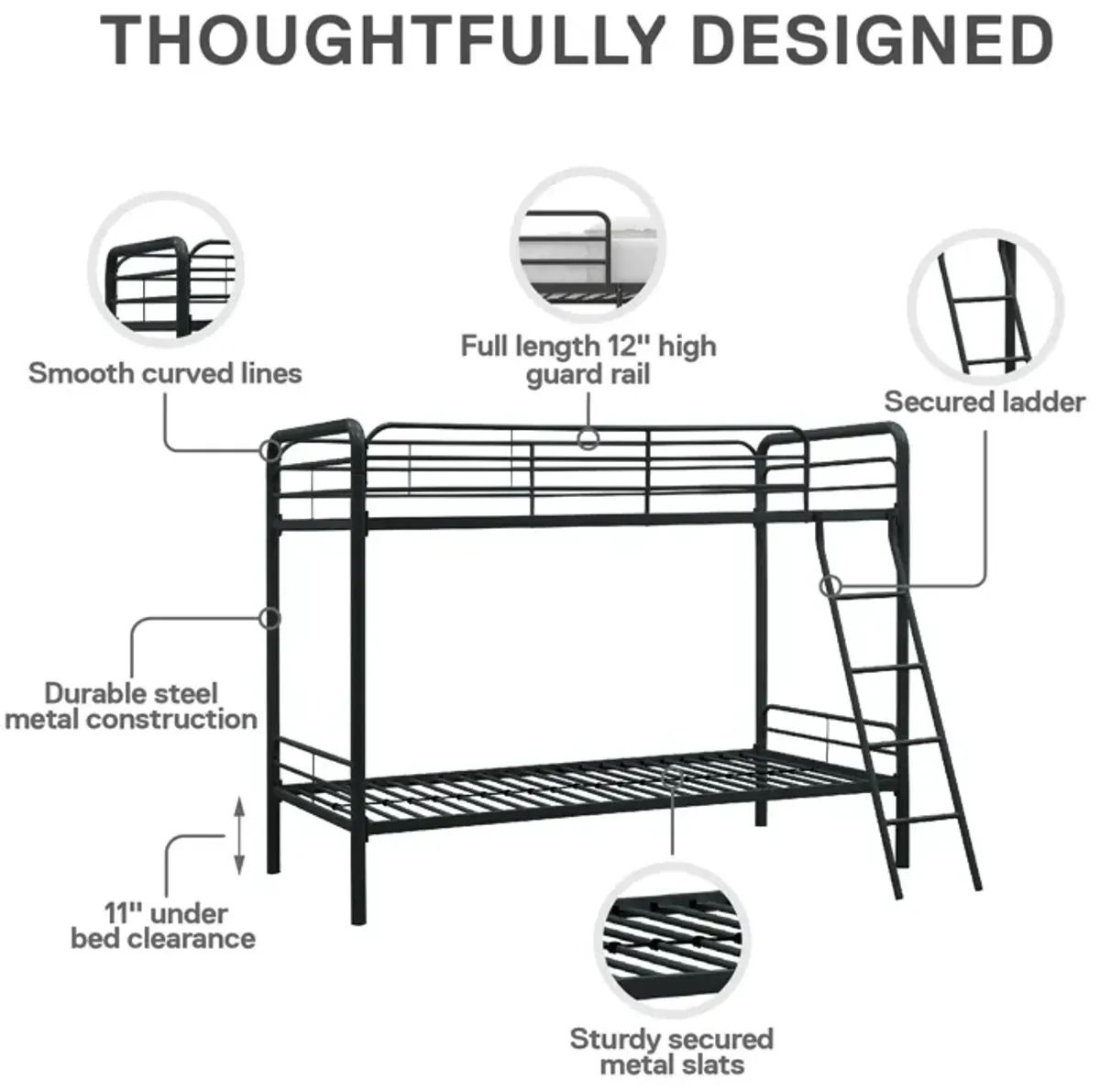 Twin over Twin Metal Bunk Bed with Slanted Front Ladder and Guardrails