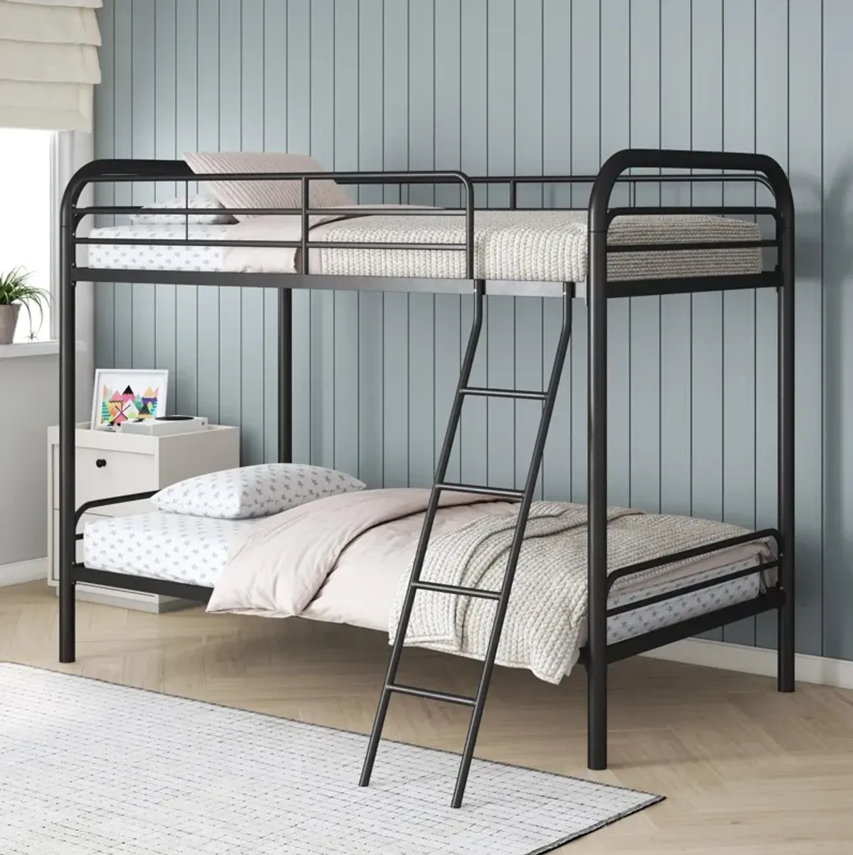 Twin over Twin Metal Bunk Bed with Slanted Front Ladder and Guardrails