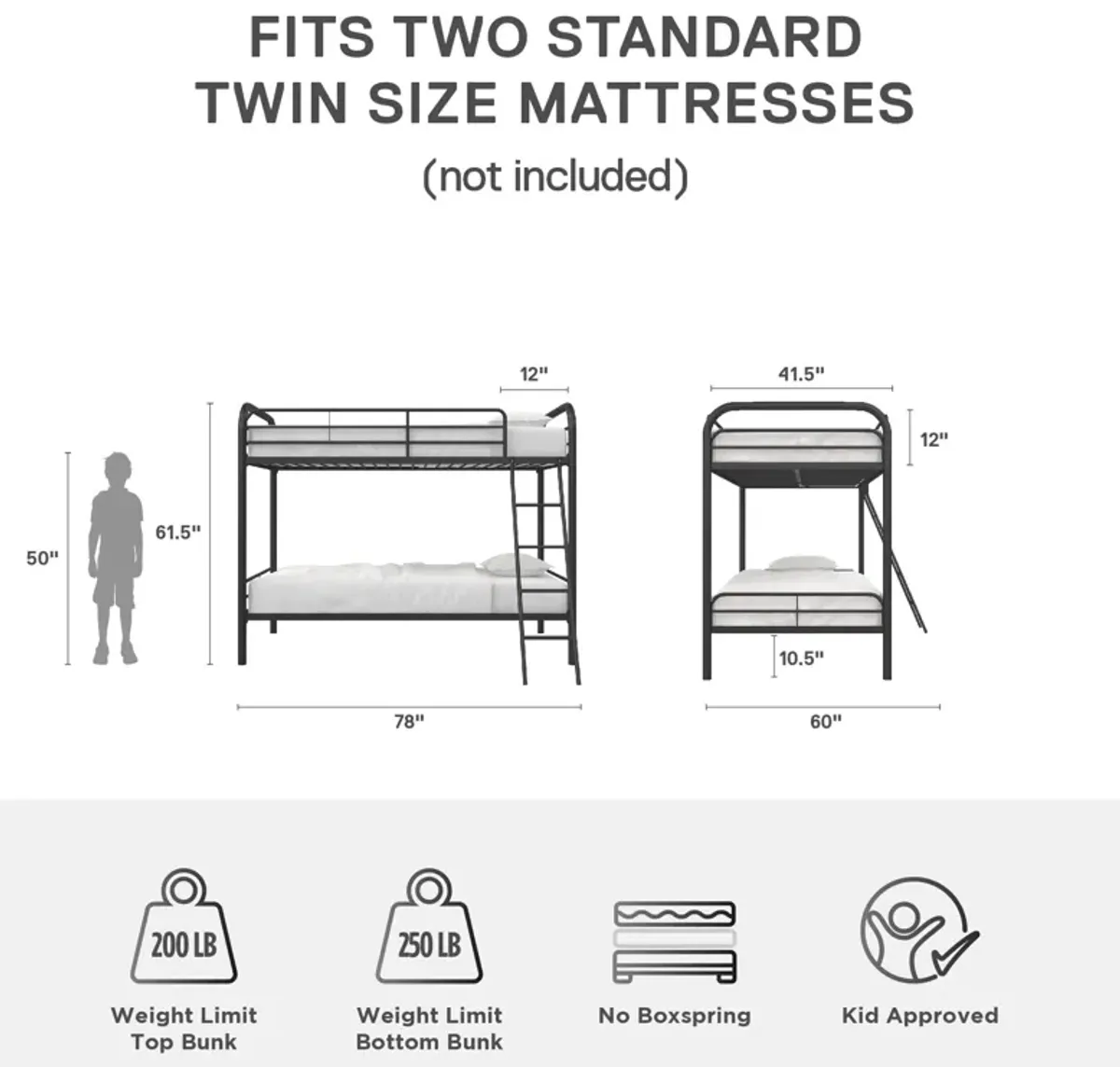 Twin over Twin Metal Bunk Bed with Slanted Front Ladder and Guardrails