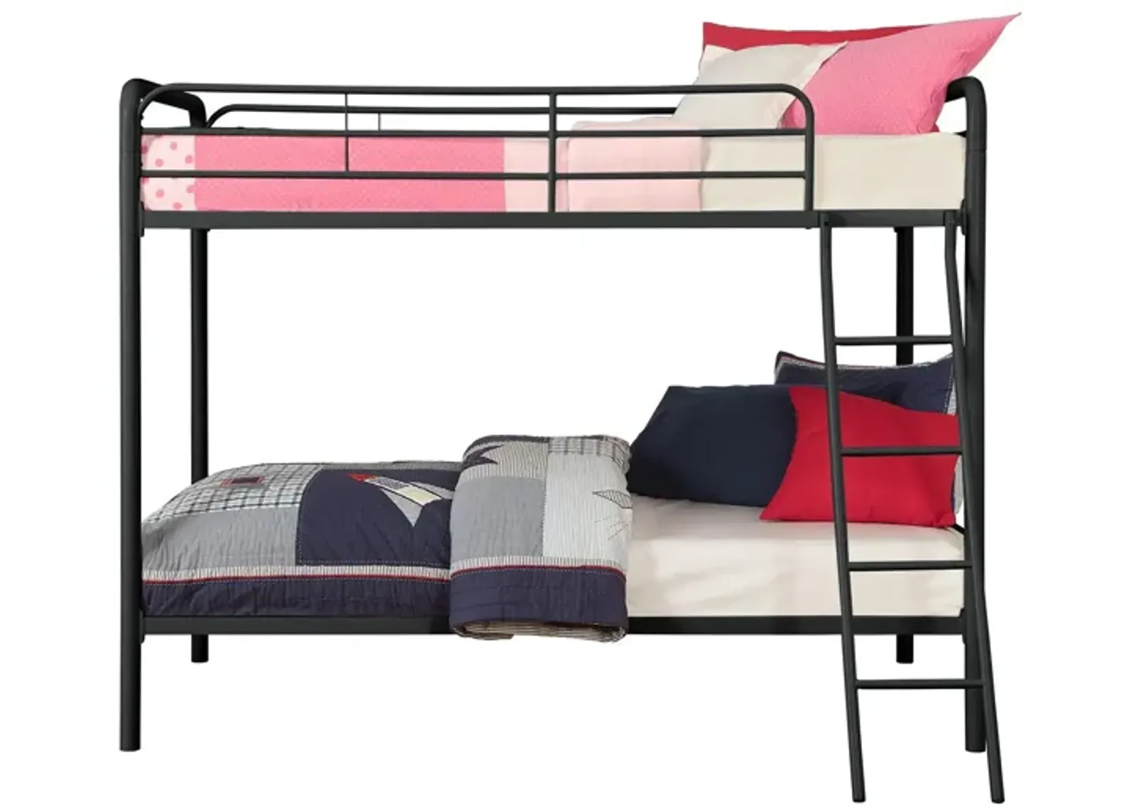 Twin over Twin Metal Bunk Bed with Slanted Front Ladder and Guardrails