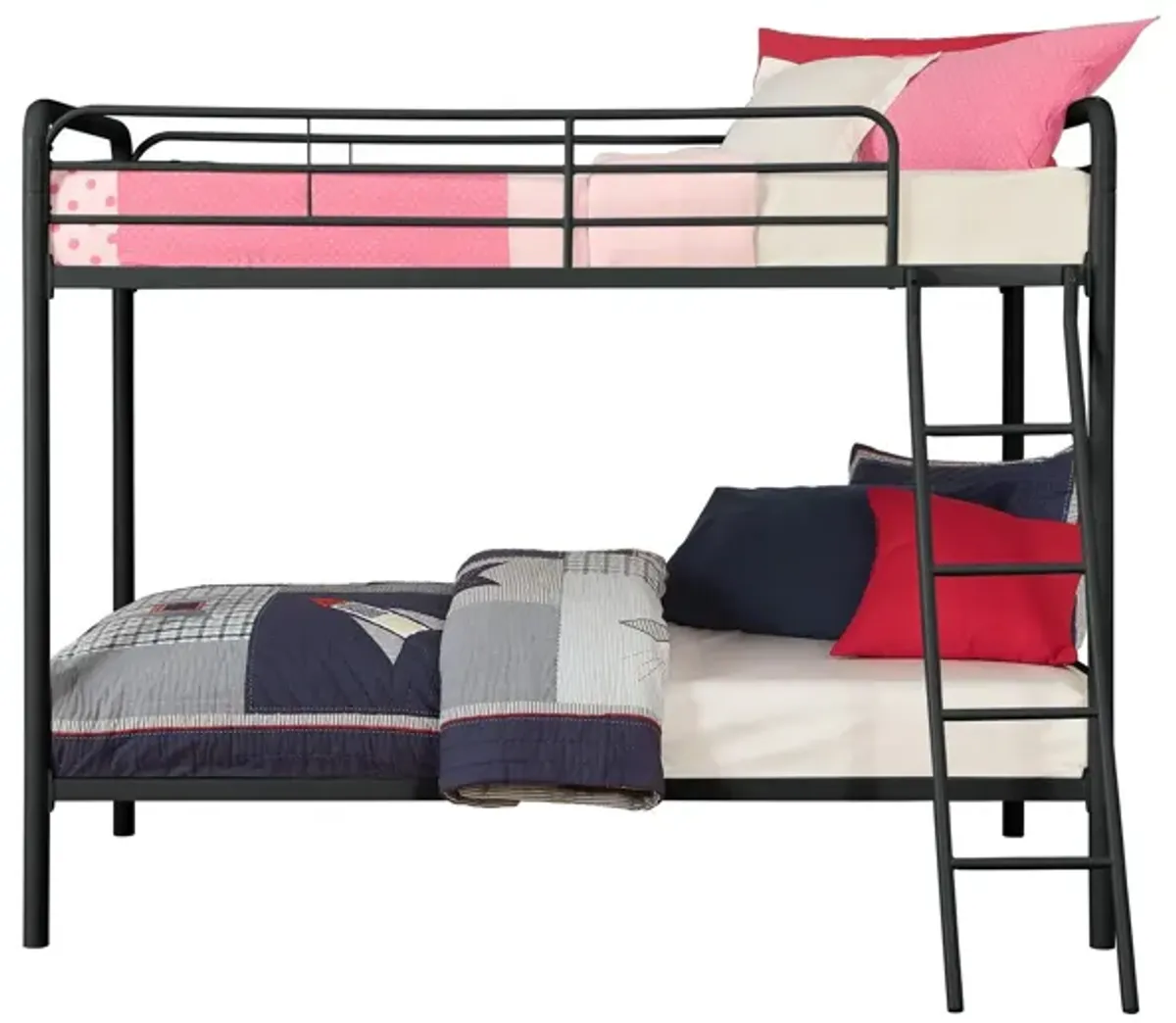 Twin over Twin Metal Bunk Bed with Slanted Front Ladder and Guardrails