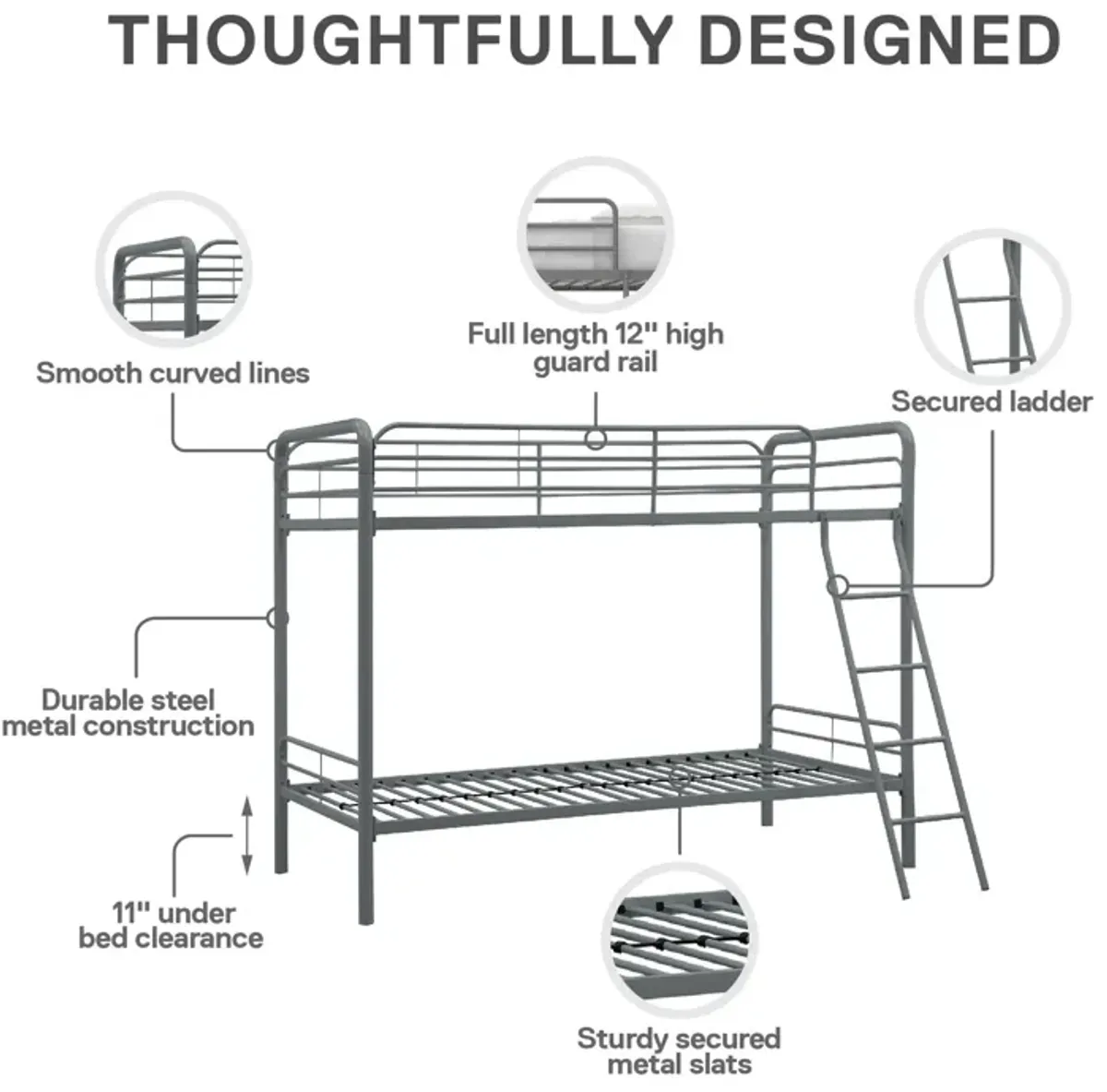 Twin over Twin Metal Bunk Bed with Slanted Front Ladder and Guardrails