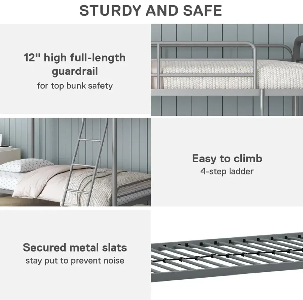 Twin over Twin Metal Bunk Bed with Slanted Front Ladder and Guardrails