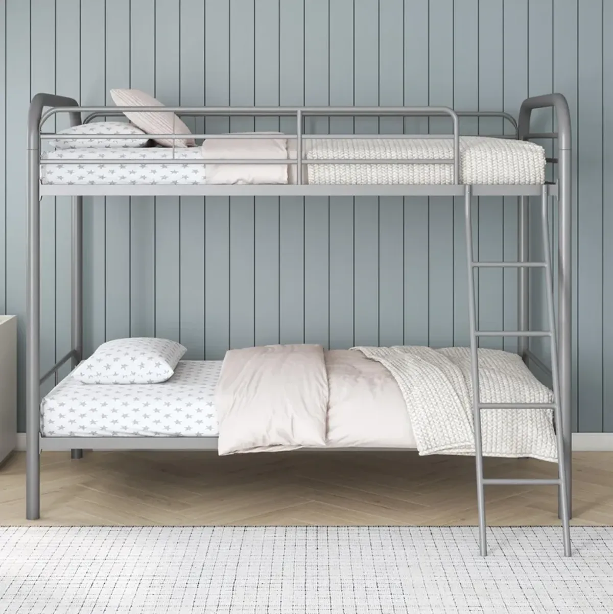 Twin over Twin Metal Bunk Bed with Slanted Front Ladder and Guardrails