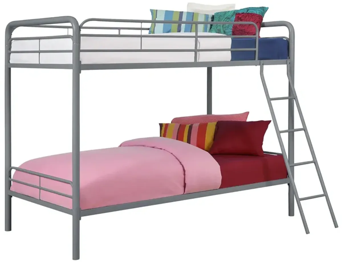 Twin over Twin Metal Bunk Bed with Slanted Front Ladder and Guardrails