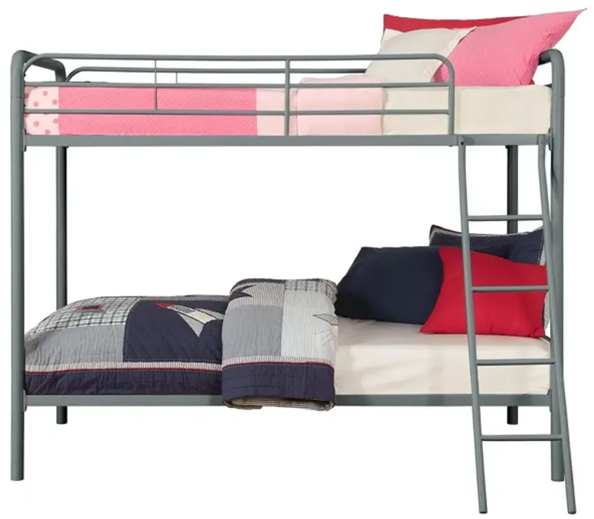 Twin over Twin Metal Bunk Bed with Slanted Front Ladder and Guardrails