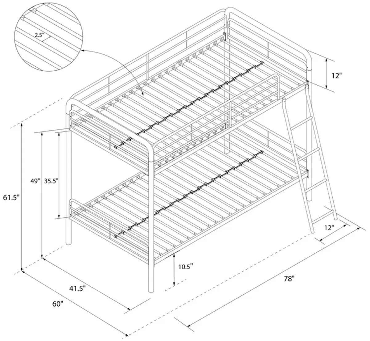 Twin over Twin Metal Bunk Bed with Slanted Front Ladder and Guardrails