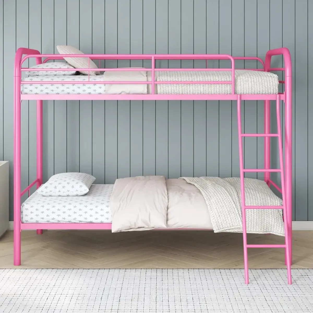 Twin over Twin Metal Bunk Bed with Slanted Front Ladder and Guardrails