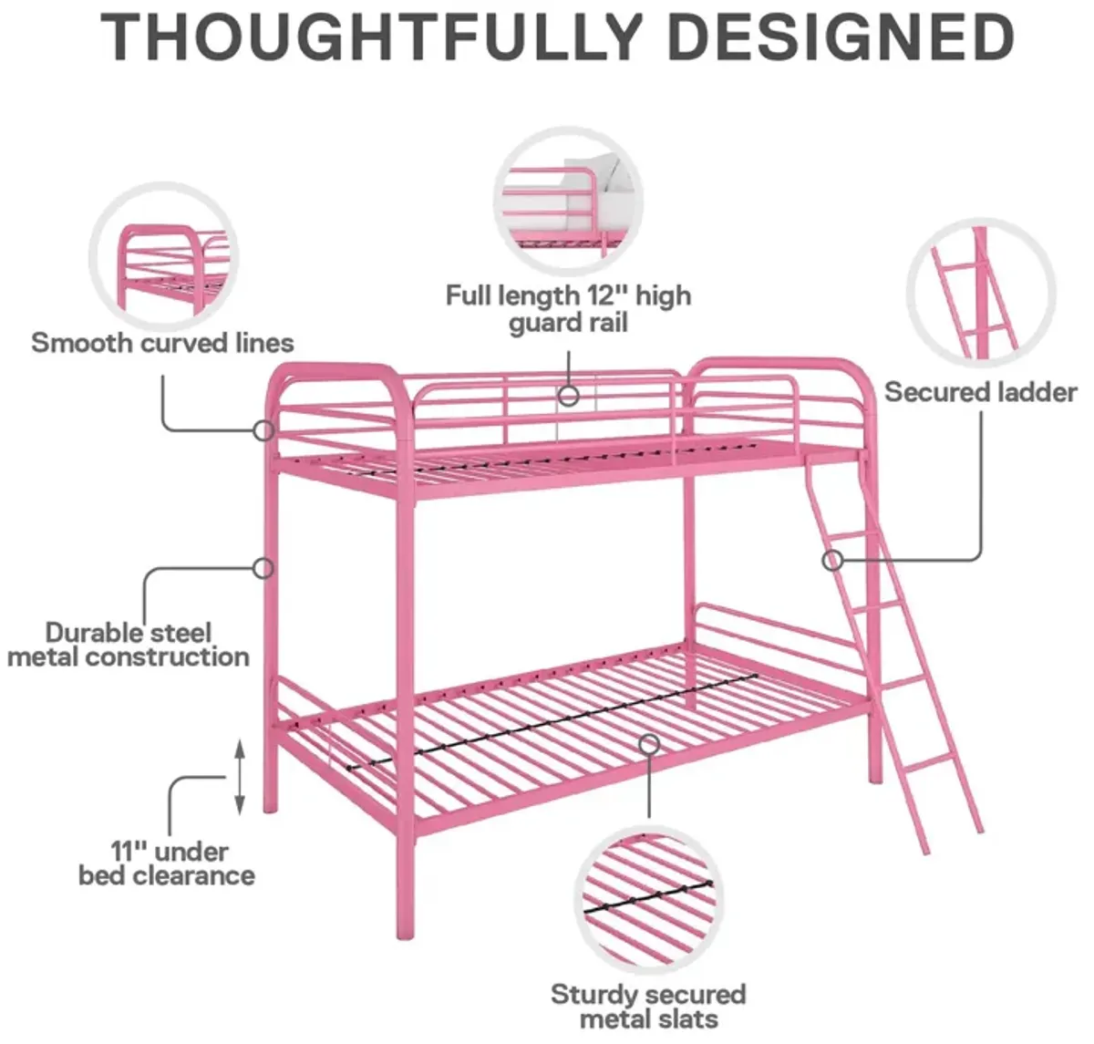 Twin over Twin Metal Bunk Bed with Slanted Front Ladder and Guardrails