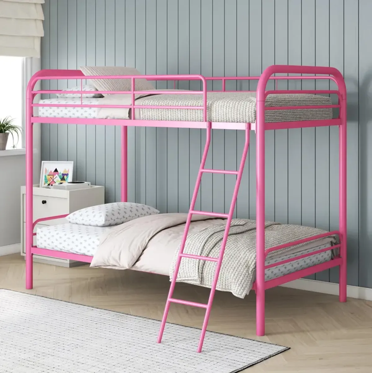 Twin over Twin Metal Bunk Bed with Slanted Front Ladder and Guardrails