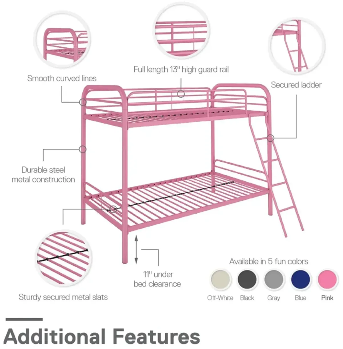 Twin over Twin Metal Bunk Bed with Slanted Front Ladder and Guardrails