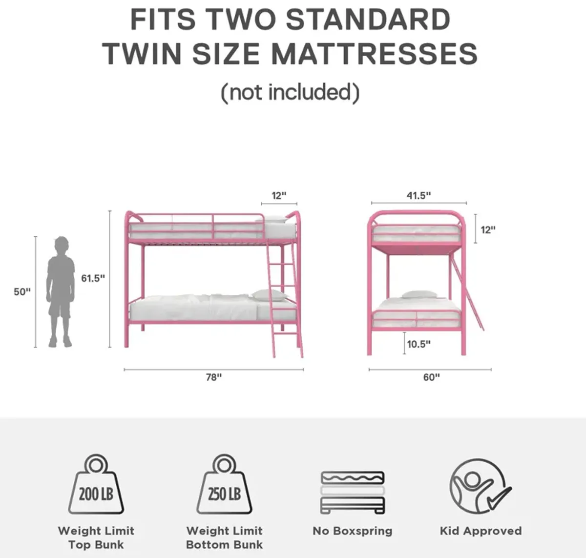 Twin over Twin Metal Bunk Bed with Slanted Front Ladder and Guardrails