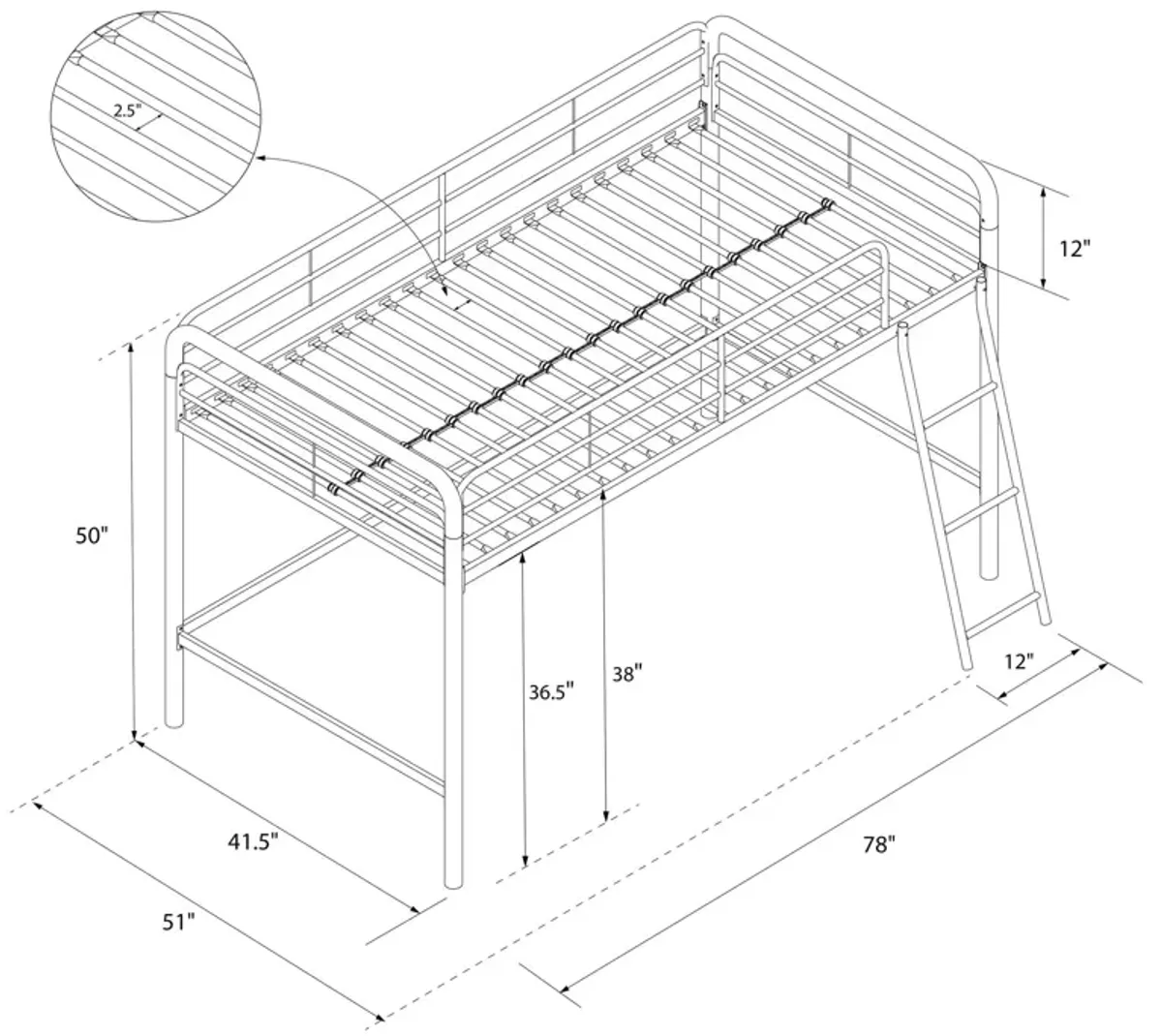 Jett Junior Loft Bed with Metal Frame and Built-In Ladder