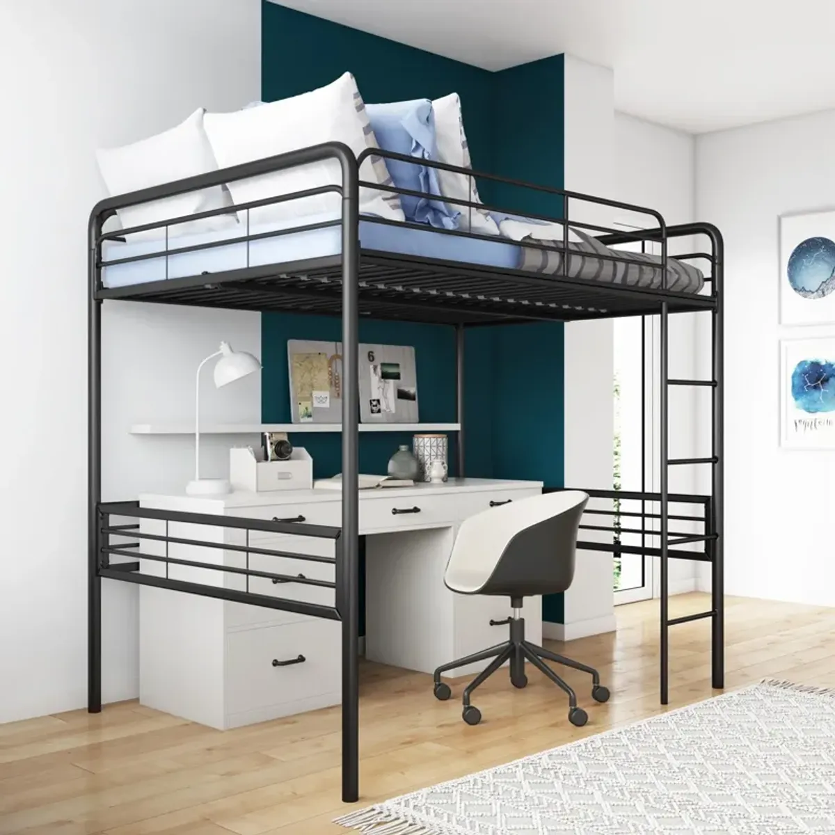 Tommy Full Metal Loft Bed with 59 Inches of Under Bed Storage