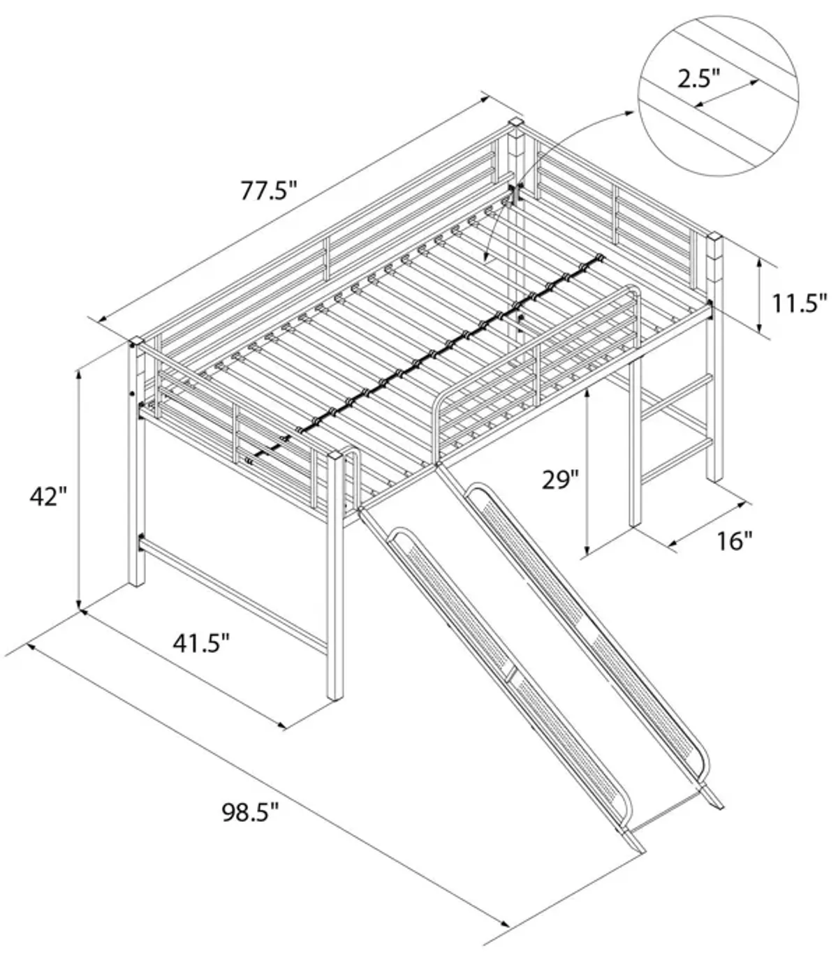 Laurie Junior Loft Bed with Metal Frame and Built-In Slide