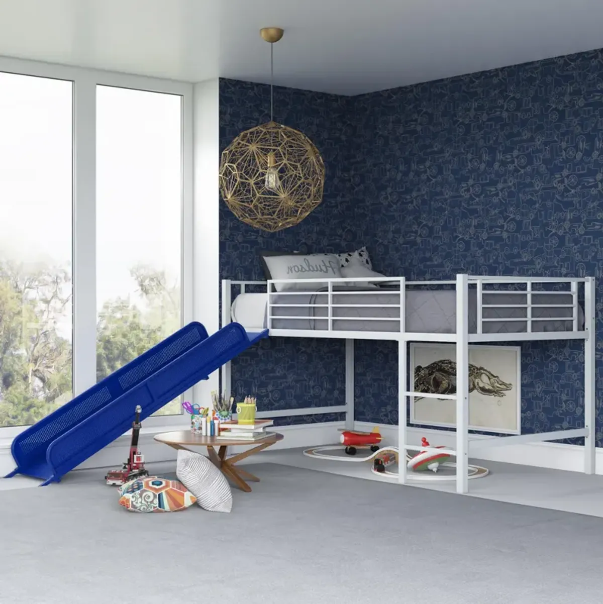 Laurie Junior Loft Bed with Metal Frame and Built-In Slide