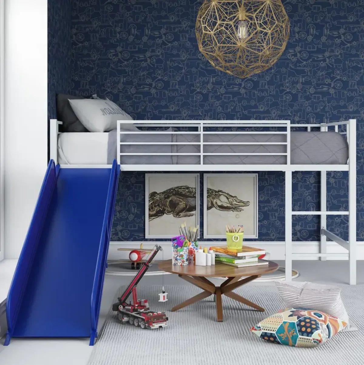 Laurie Junior Loft Bed with Metal Frame and Built-In Slide