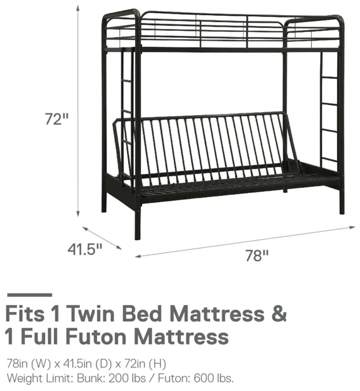 Sammuel Twin over Futon Metal Bunk Bed with Integrated Ladders and Guardrails