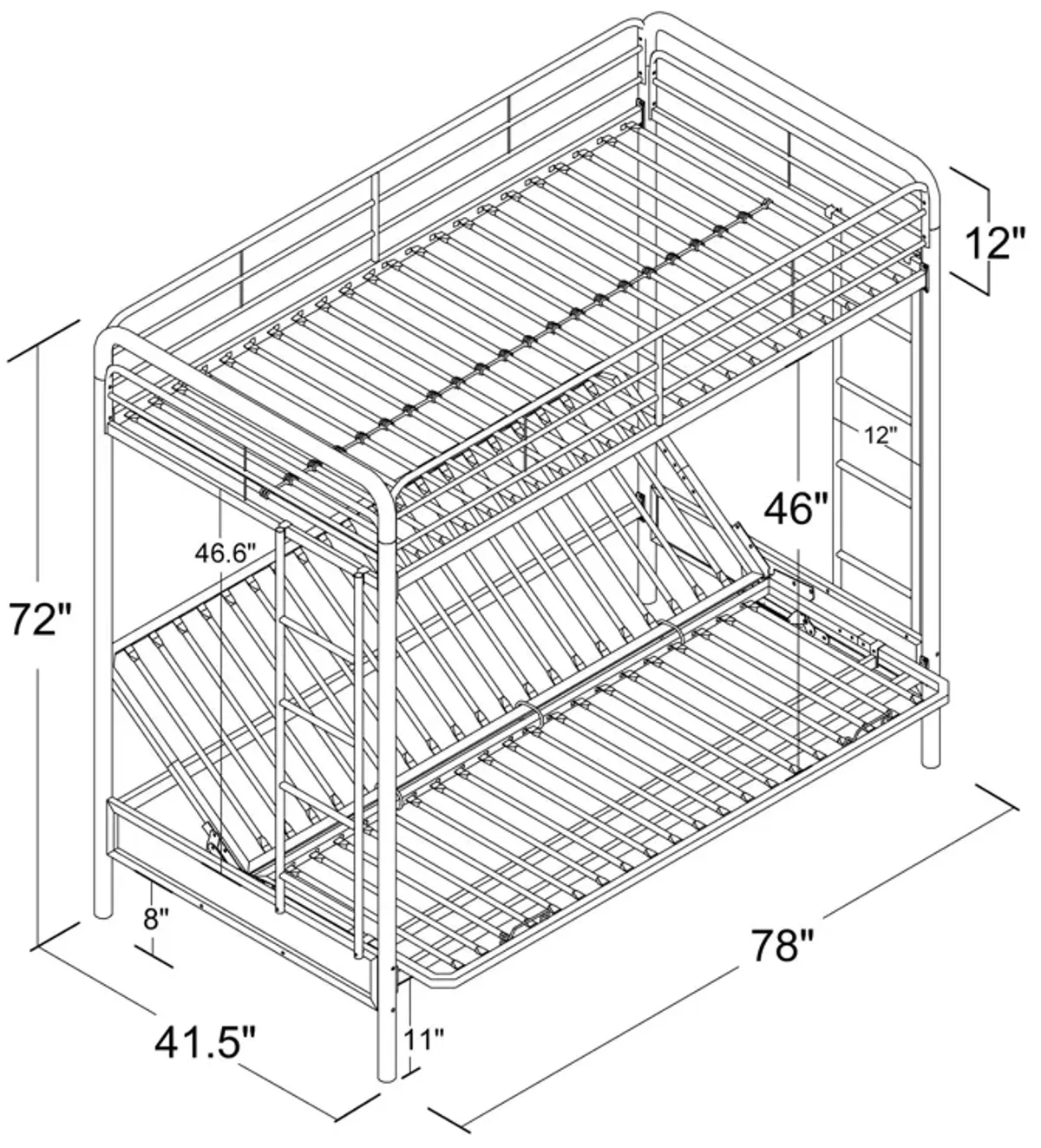 Sammuel Twin over Futon Metal Bunk Bed with Integrated Ladders and Guardrails