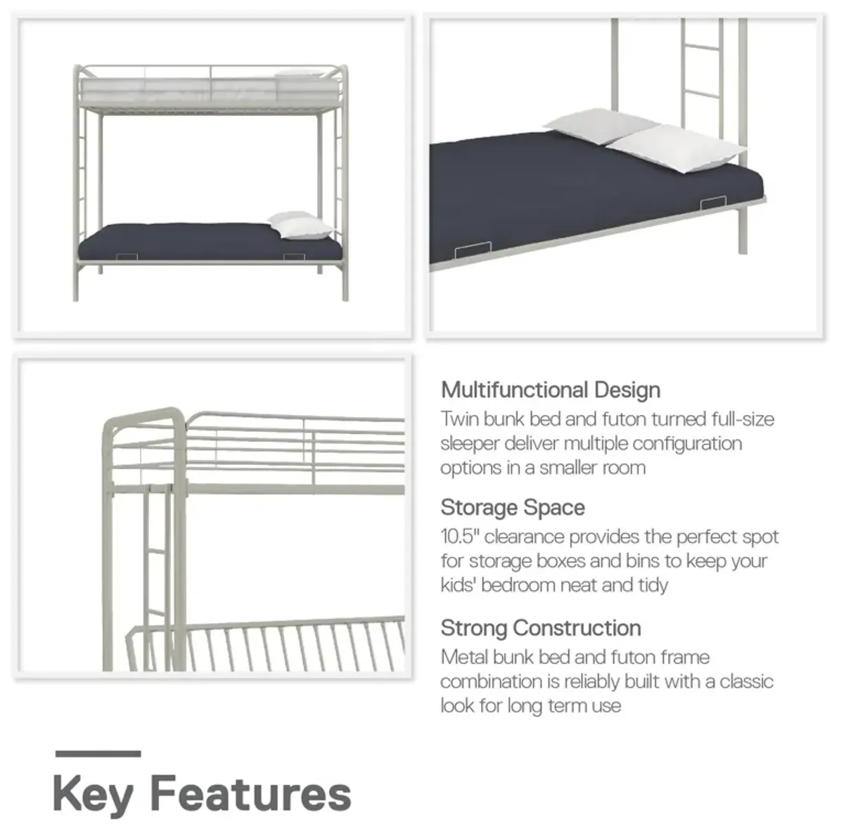 Sammuel Twin over Futon Metal Bunk Bed with Integrated Ladders and Guardrails