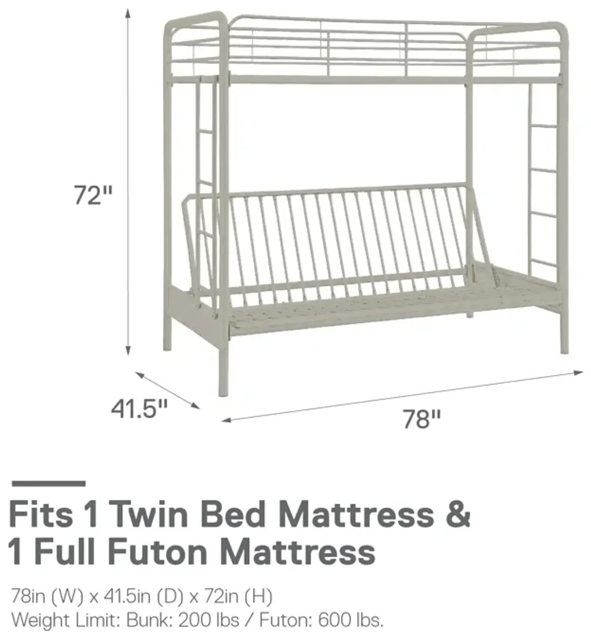 Sammuel Twin over Futon Metal Bunk Bed with Integrated Ladders and Guardrails