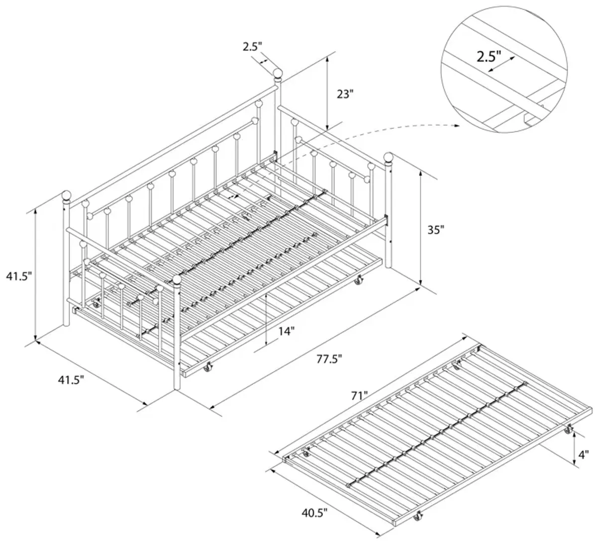 Manila Metal Daybed and Trundle Set with Sturdy Metal Frame and Slats