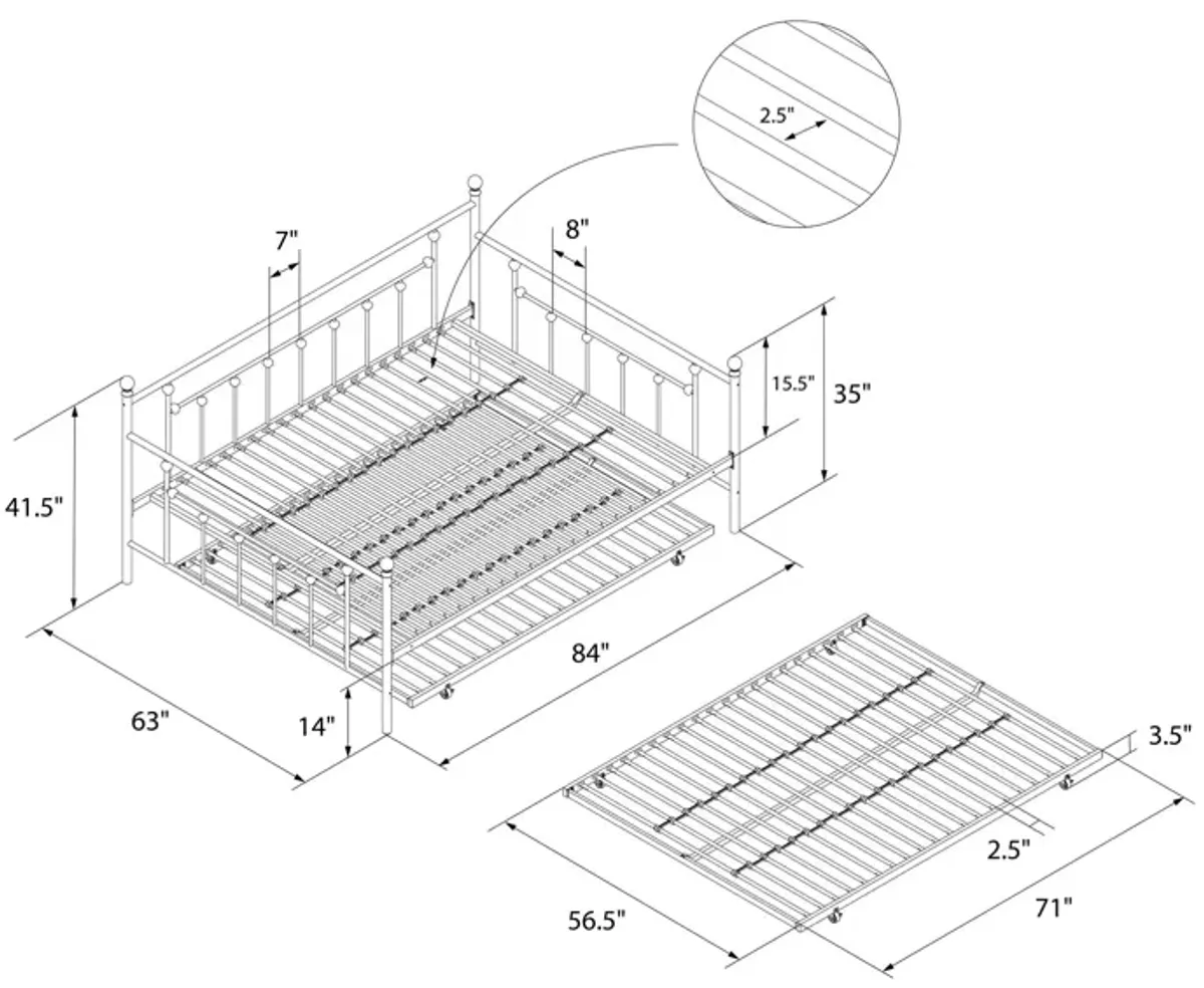 Manila Metal Daybed and Trundle Set with Sturdy Metal Frame and Slats