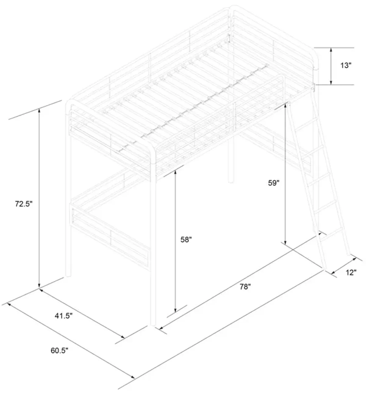 Tommy Metal Twin Loft Bed with Secured and Slanted Ladder