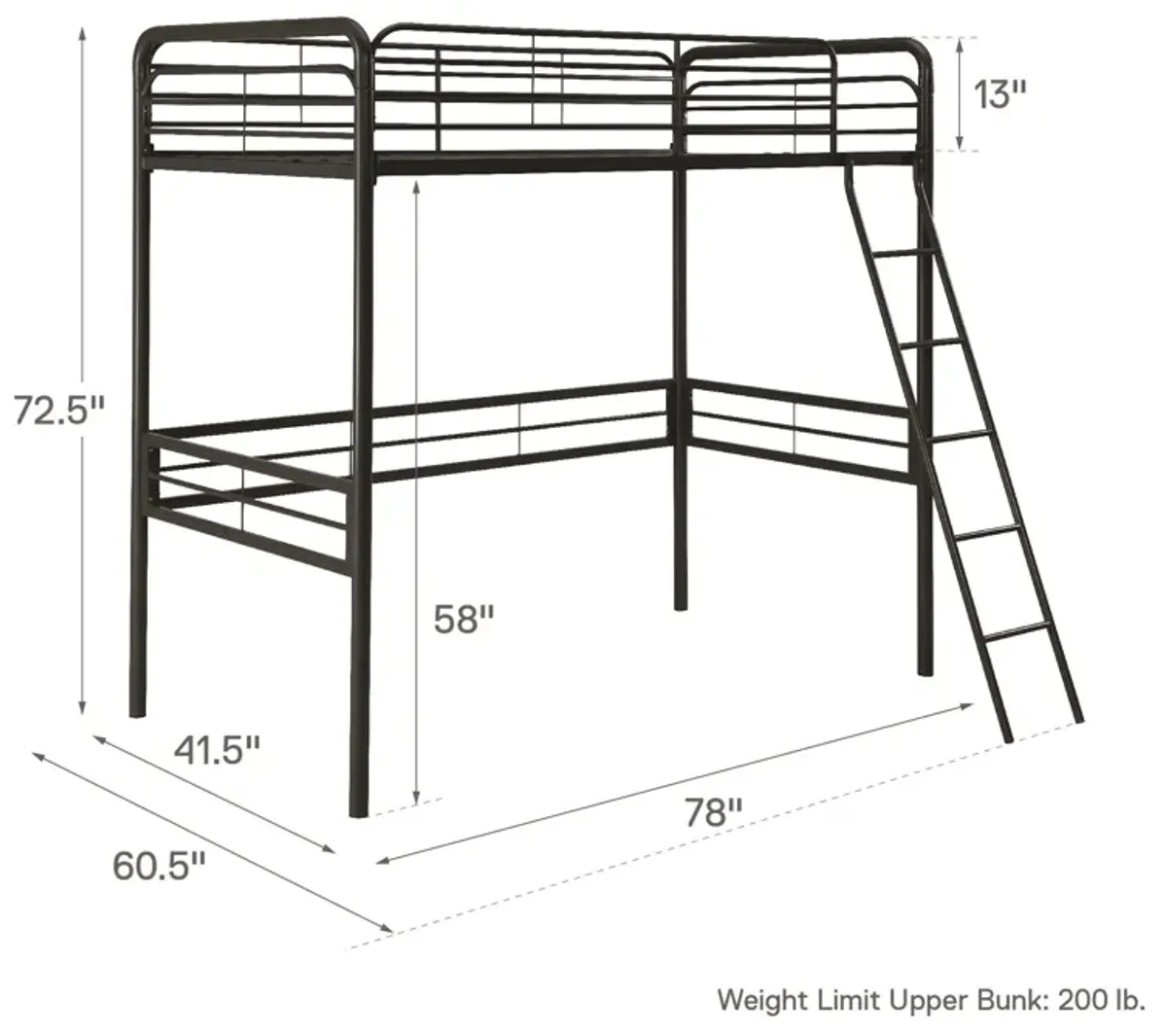 Tommy Metal Twin Loft Bed with Secured and Slanted Ladder