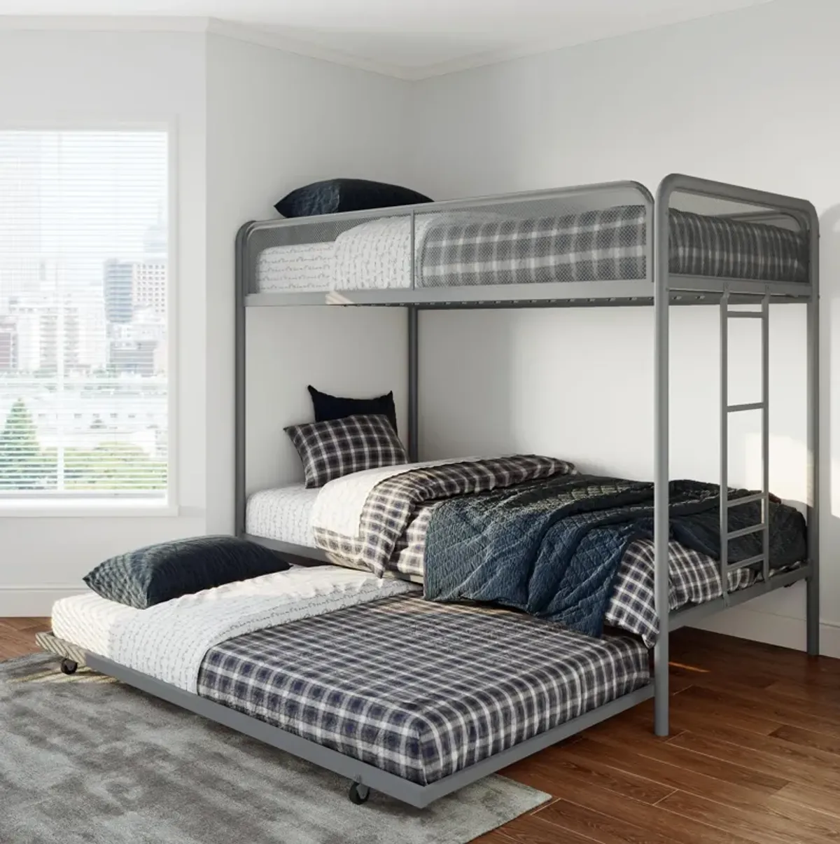 Triple Metal Twin over Twin Bunk Bed with Trundle and Integrated Ladder