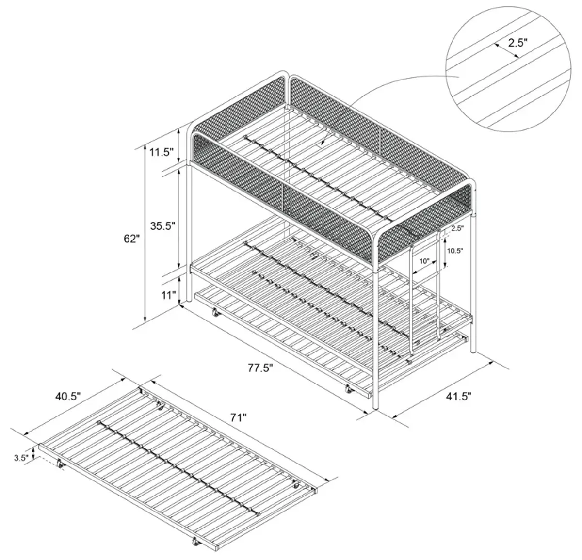 Triple Metal Twin over Twin Bunk Bed with Trundle and Integrated Ladder