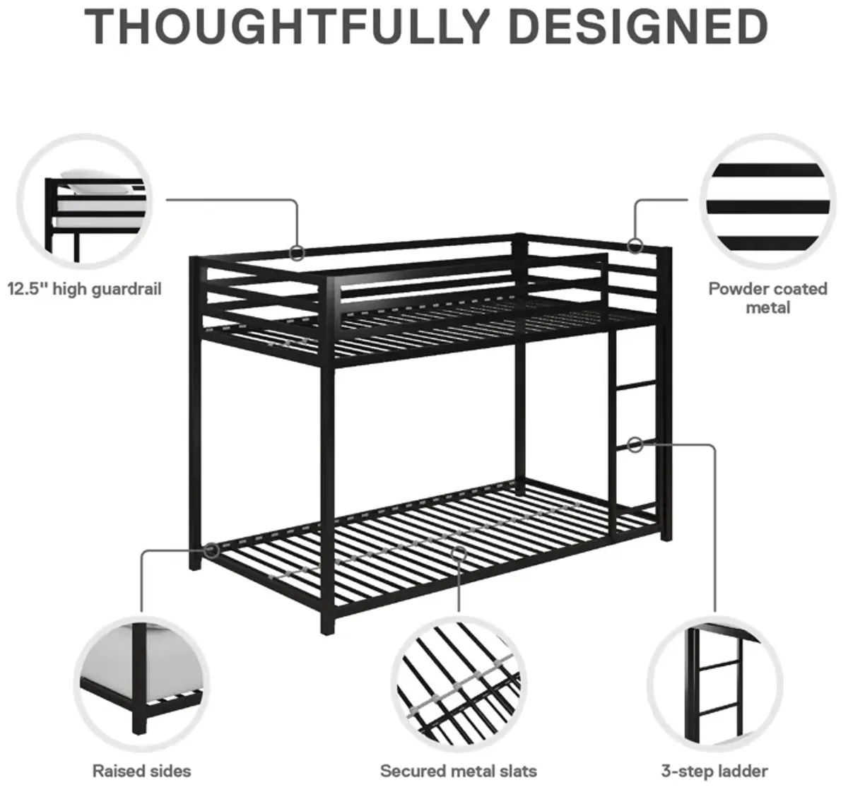 Miles Twin Over Twin Metal Bunk Bed with Metal Slats and Integrated Ladder