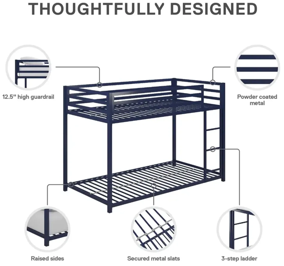 Miles Twin Over Twin Metal Bunk Bed with Metal Slats and Integrated Ladder