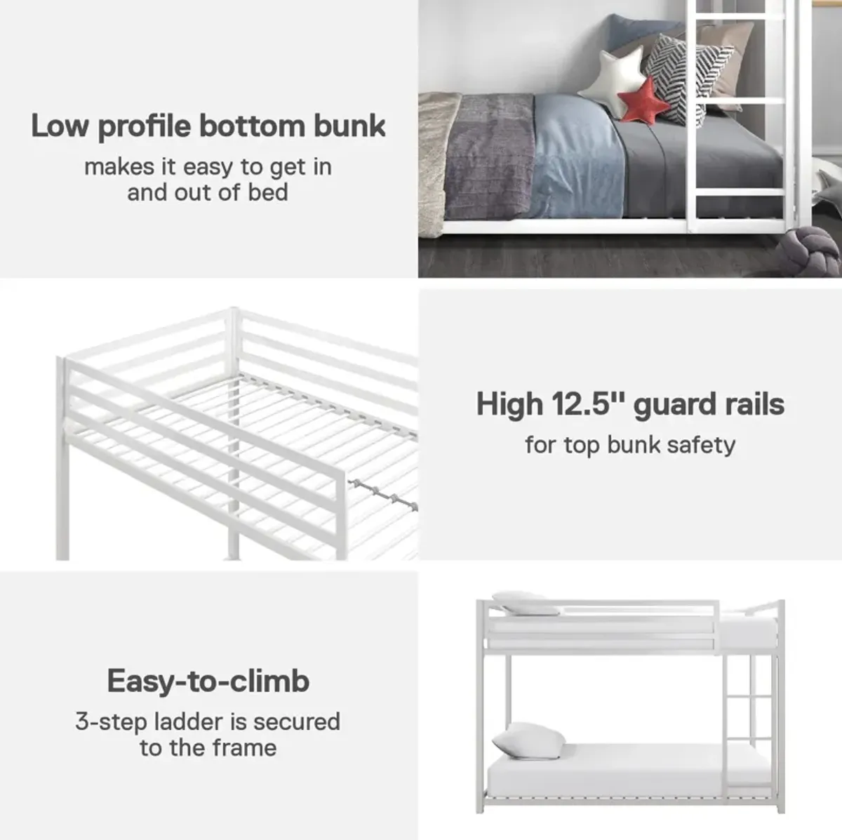 Miles Twin Over Twin Metal Bunk Bed with Metal Slats and Integrated Ladder