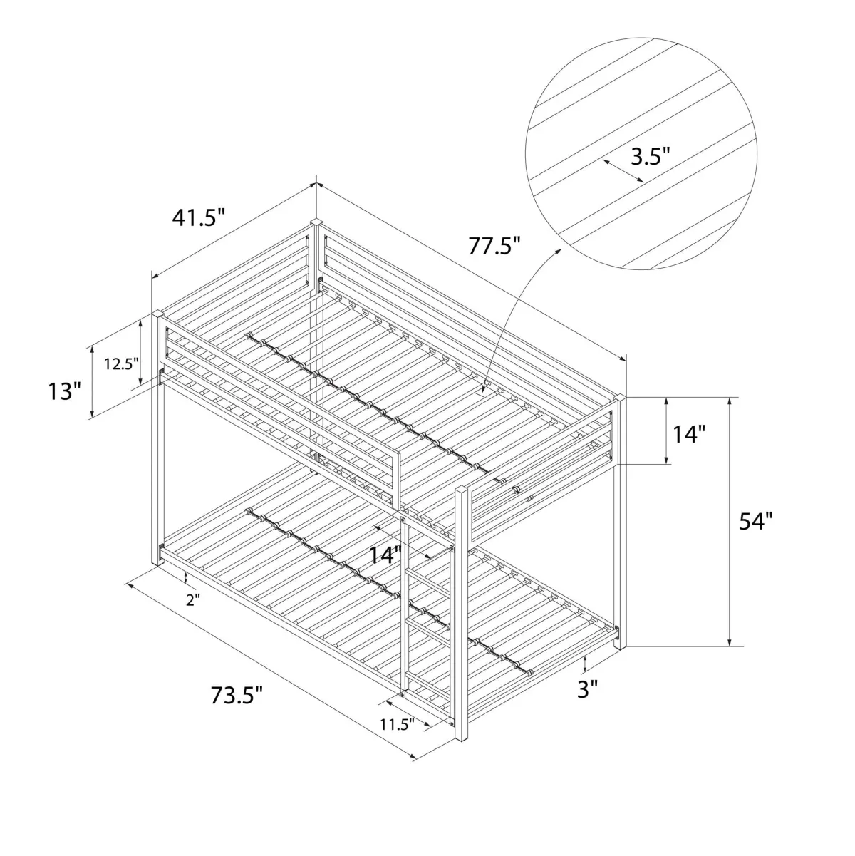 Miles Twin Over Twin Metal Bunk Bed with Metal Slats and Integrated Ladder