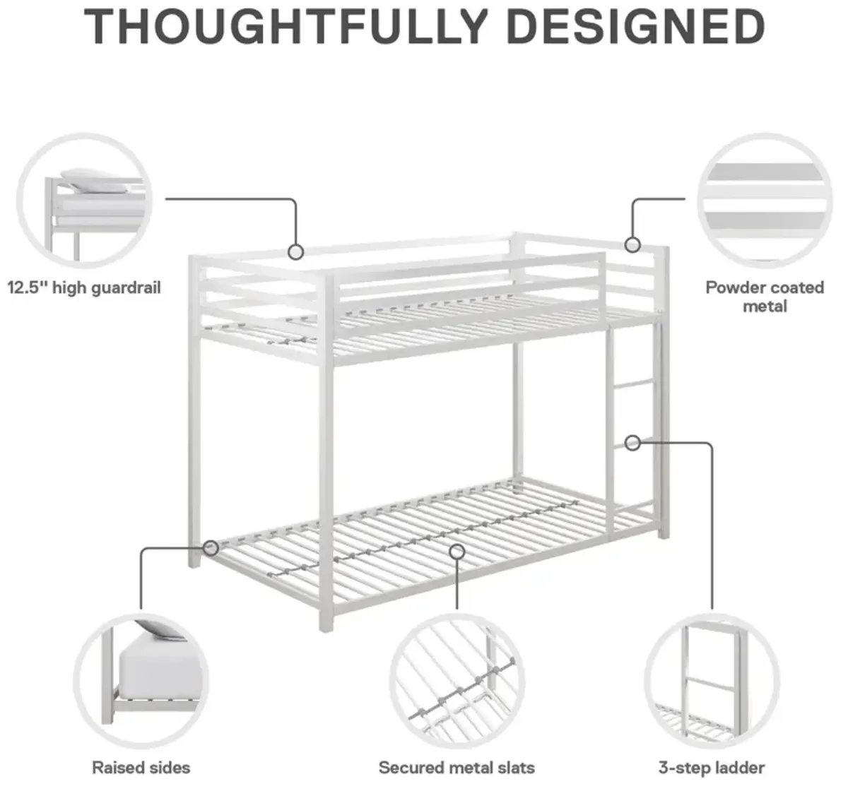 Miles Twin Over Twin Metal Bunk Bed with Metal Slats and Integrated Ladder