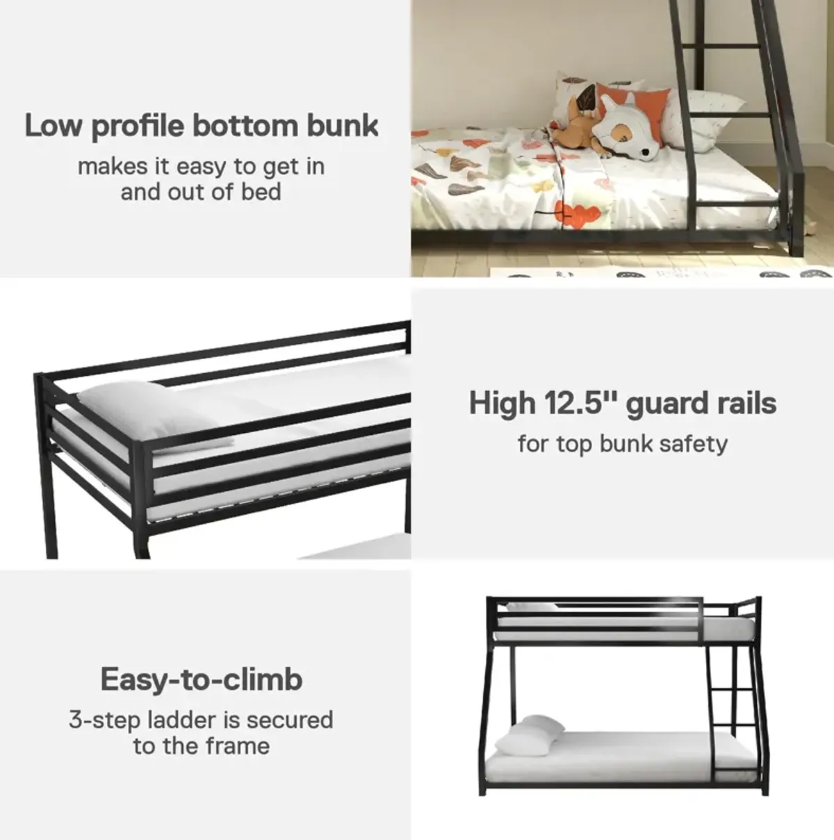 Miles Twin Over Twin Metal Bunk Bed with Metal Slats and Integrated Ladder