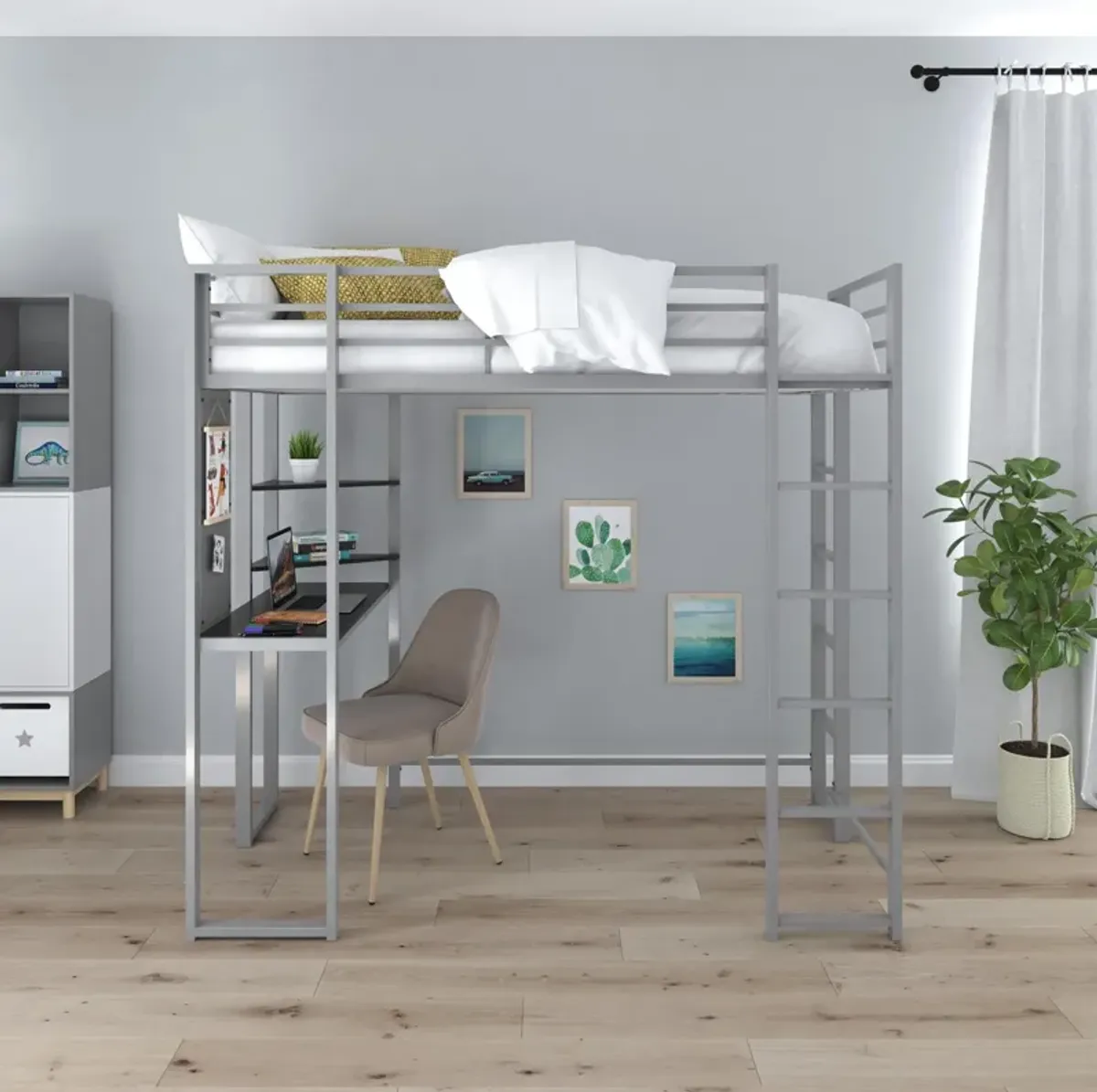 Abode Metal Loft Bed with Built in Desk and Storage Space