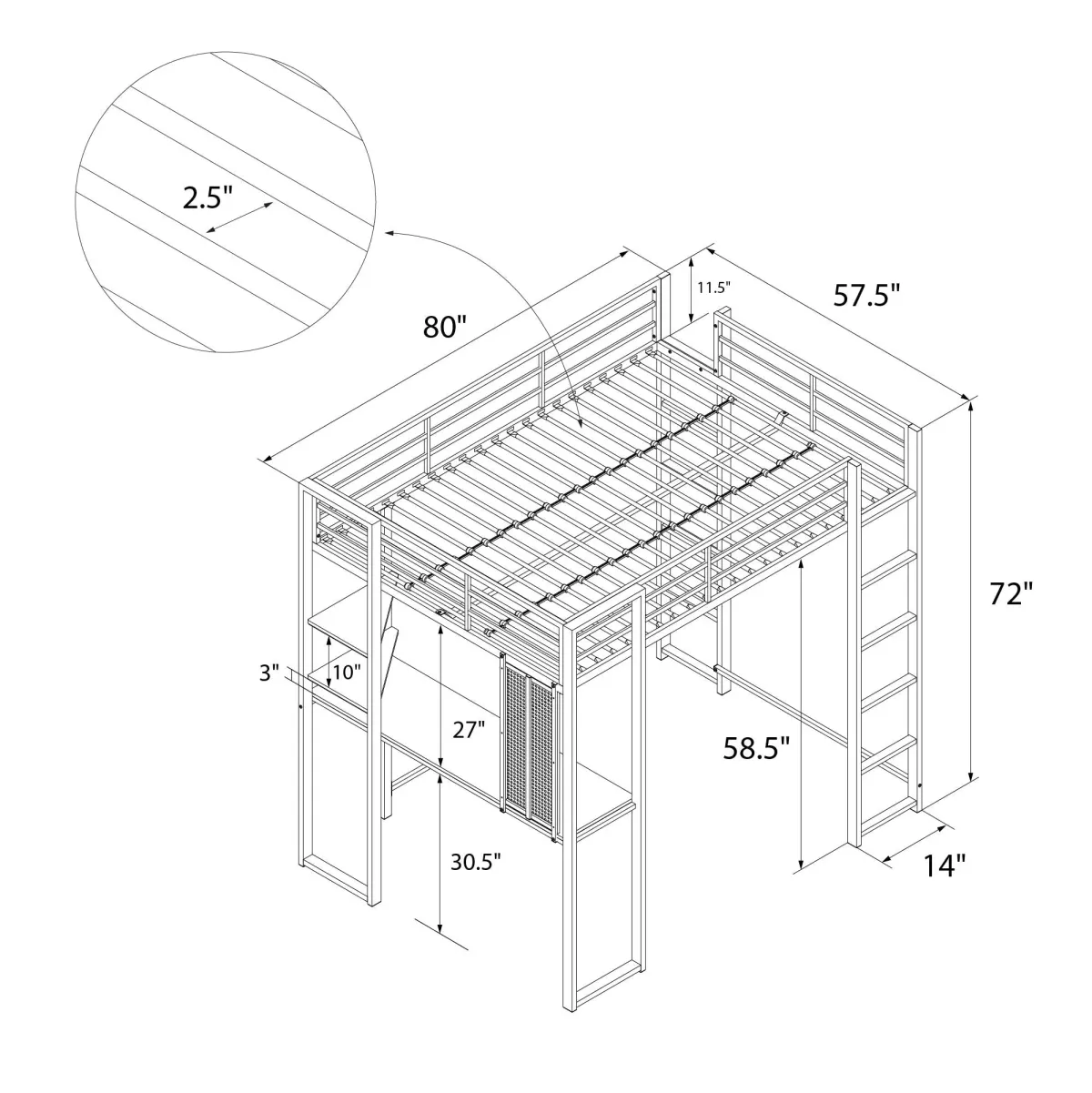 Abode Metal Loft Bed with Built in Desk and Storage Space