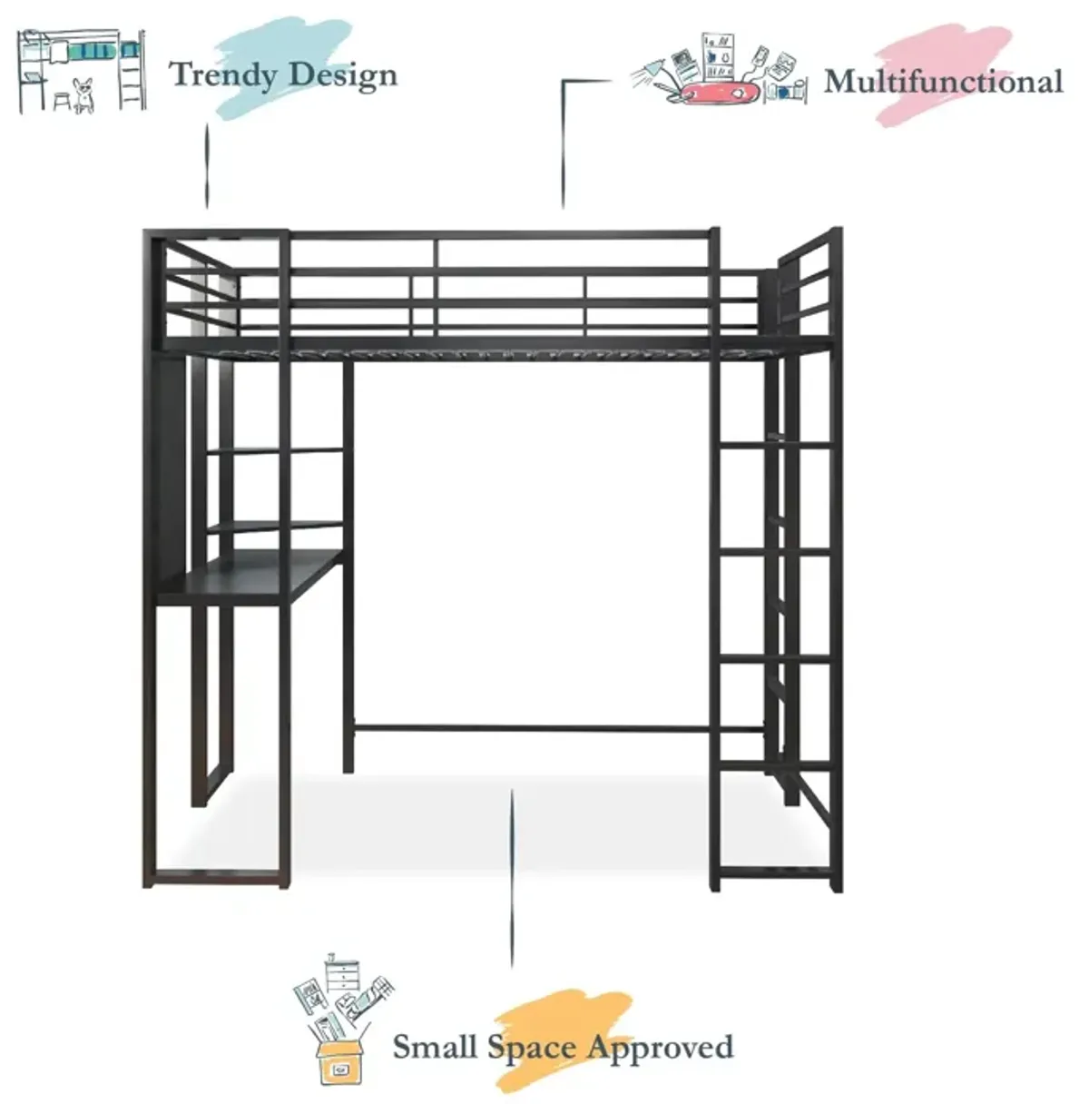 Abode Metal Loft Bed with Built in Desk and Storage Space