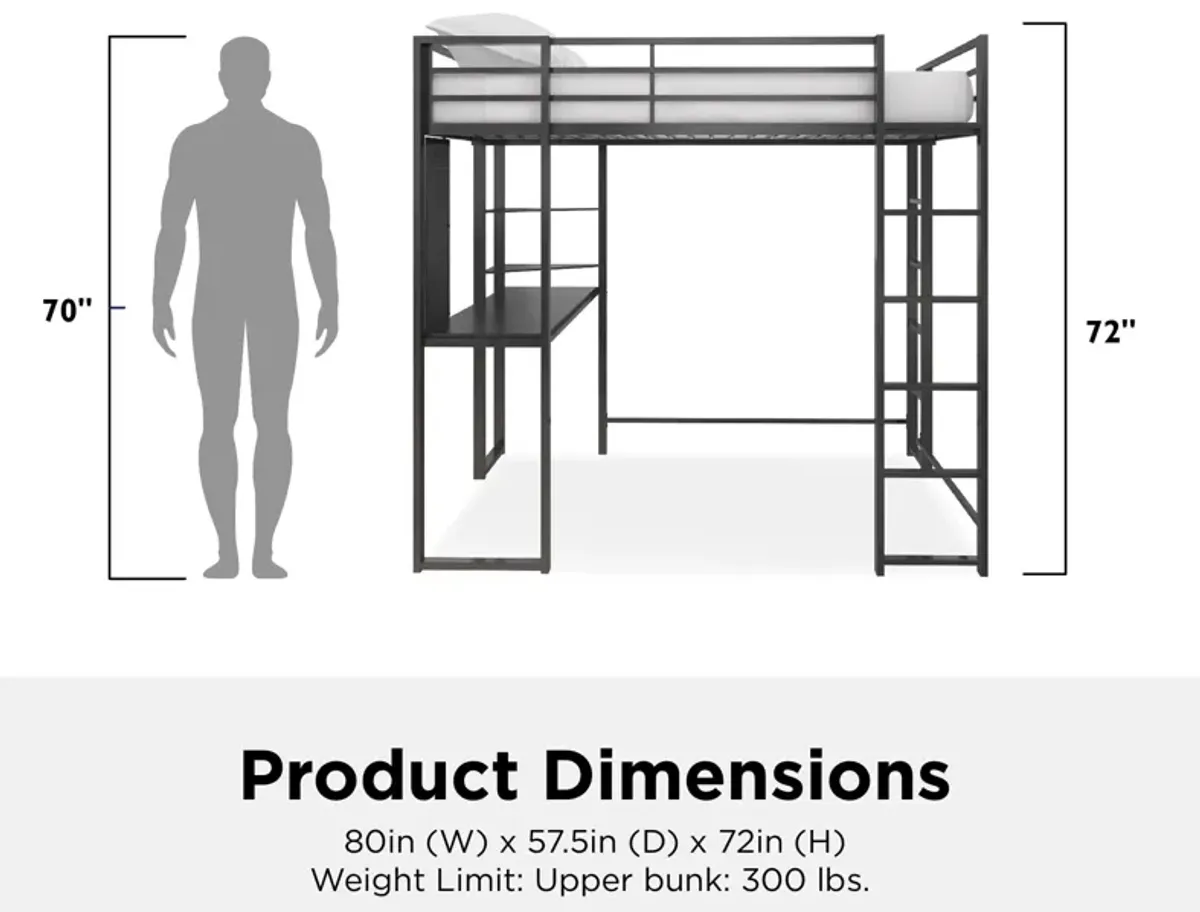 Abode Metal Loft Bed with Built in Desk and Storage Space