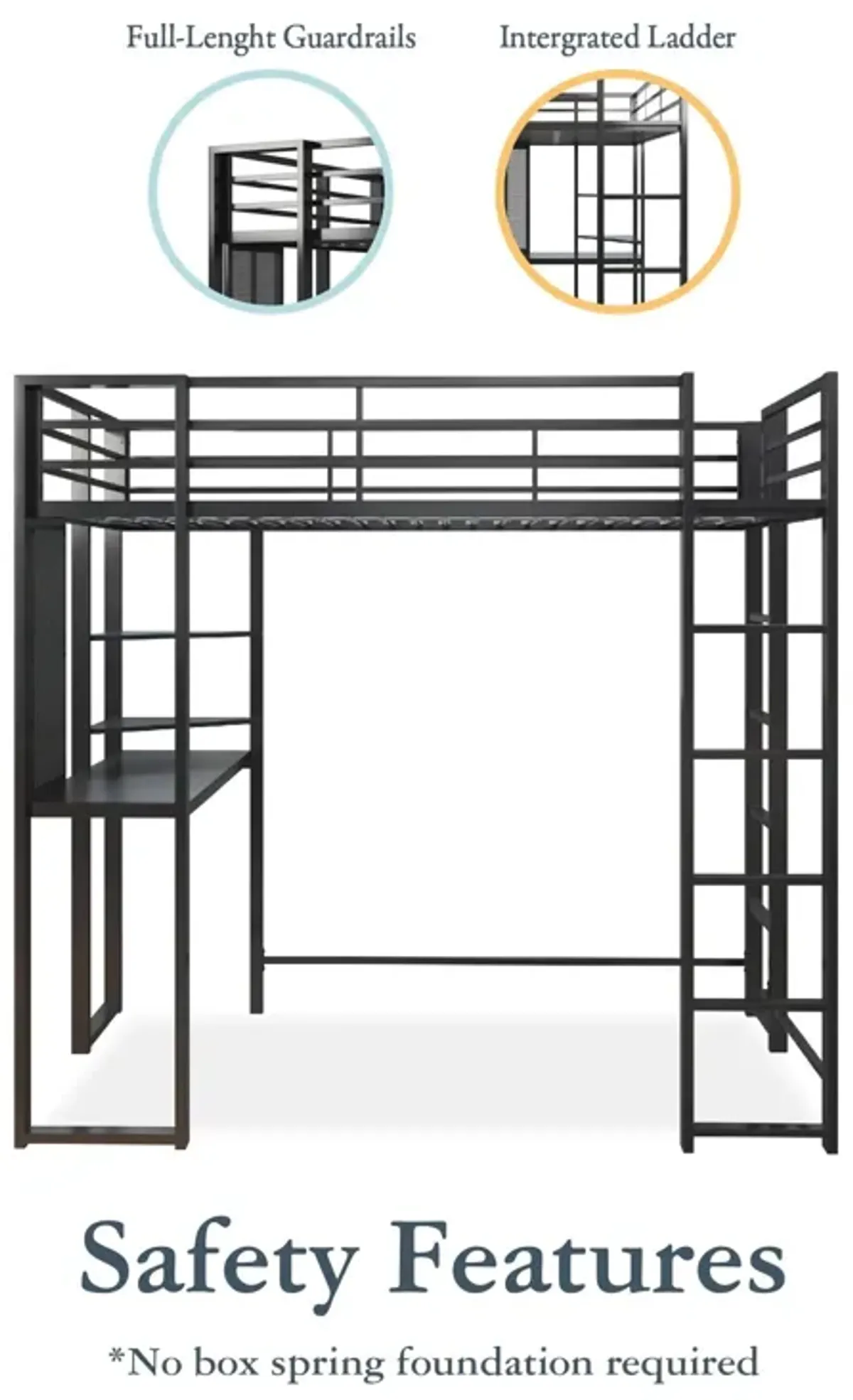 Abode Metal Loft Bed with Built in Desk and Storage Space