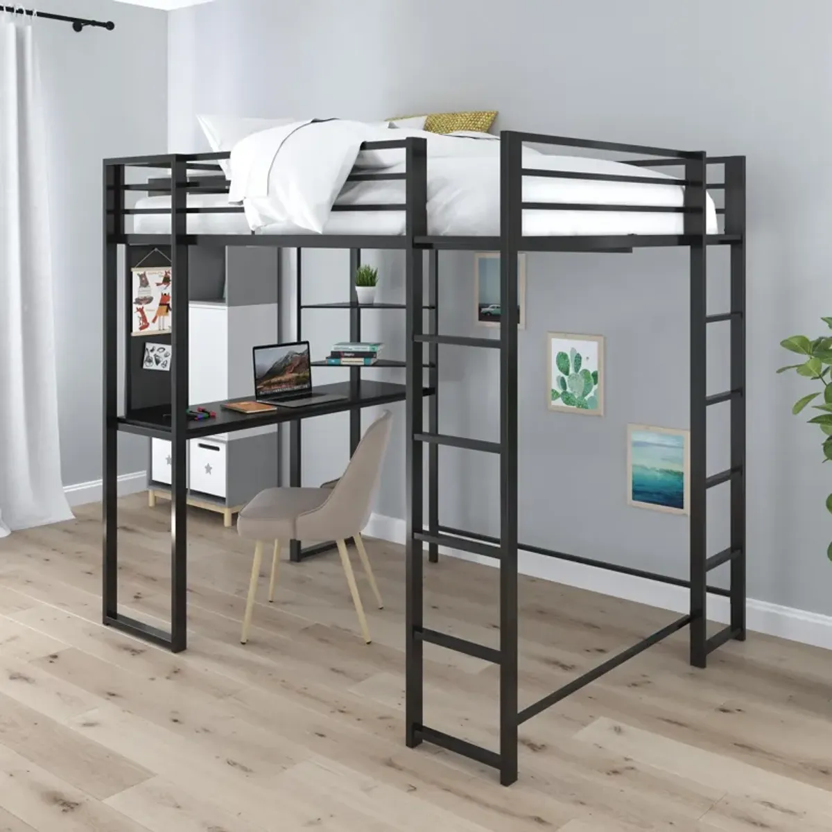 Abode Metal Loft Bed with Built in Desk and Storage Space