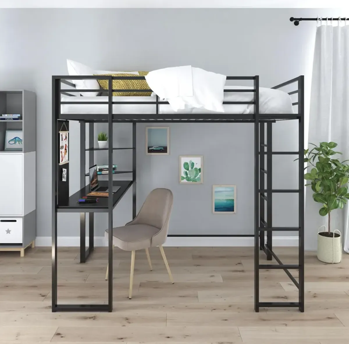 Abode Metal Loft Bed with Built in Desk and Storage Space