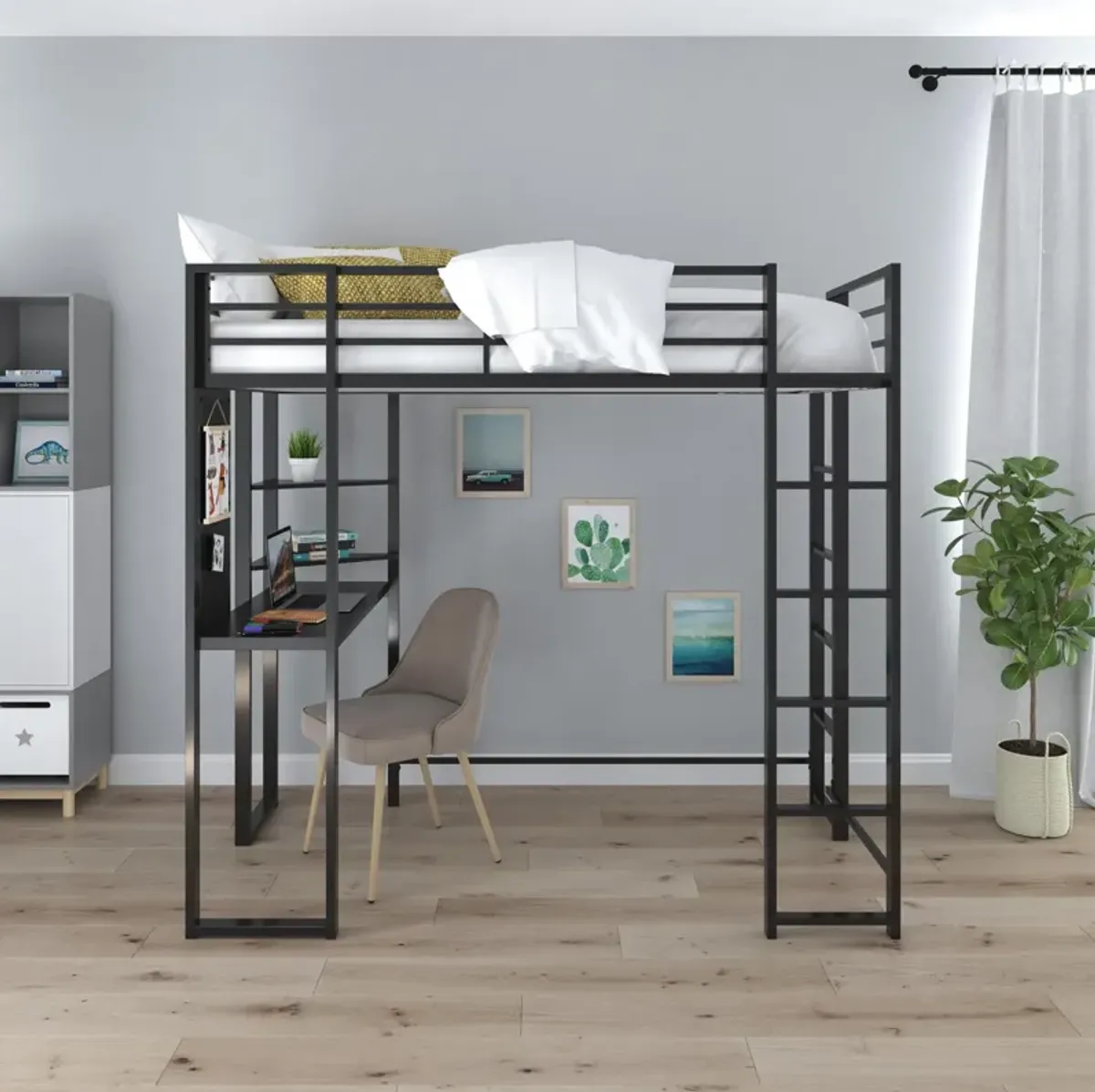 Abode Metal Loft Bed with Built in Desk and Storage Space