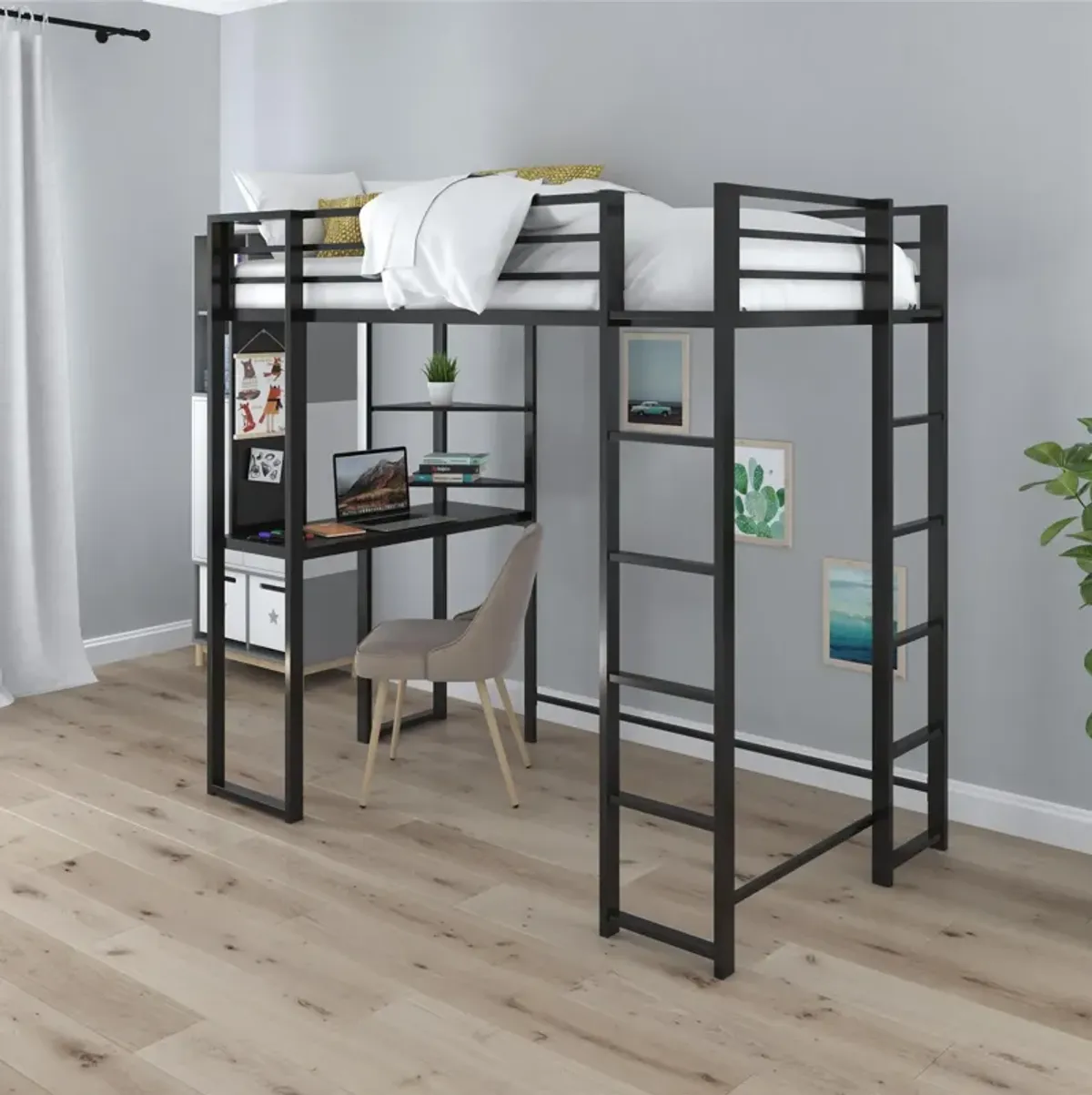 Abode Metal Loft Bed with Built in Desk and Storage Space