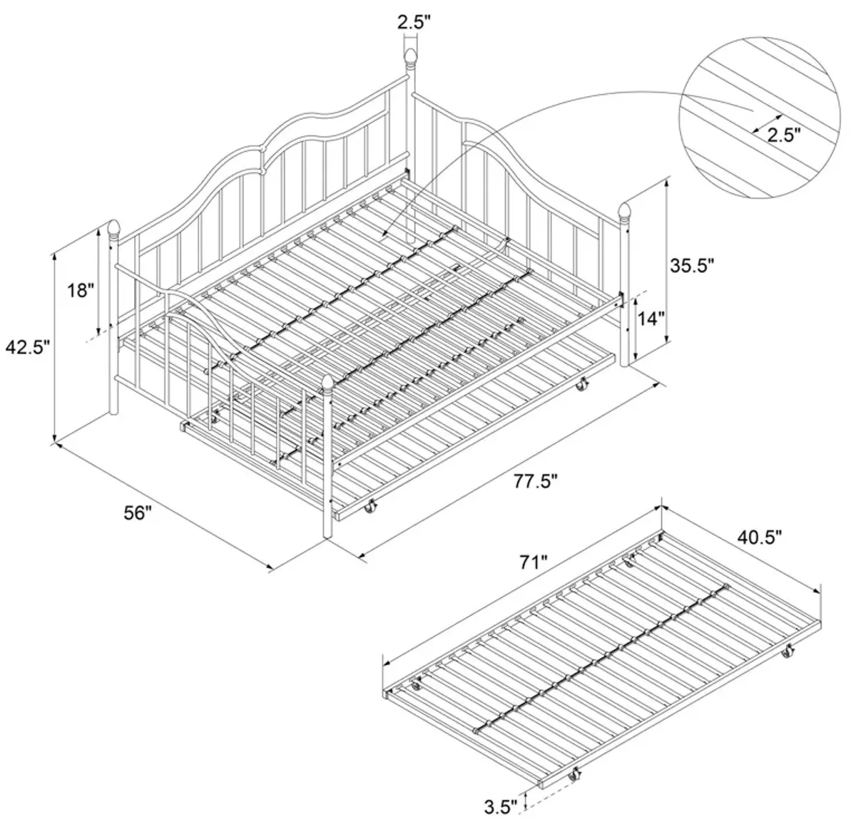 Tokyo Metal Daybed and Trundle Set with Metal Slats