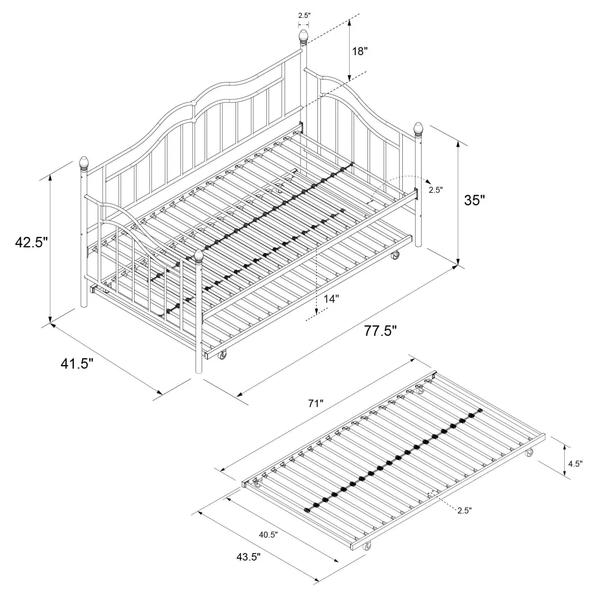 Tokyo Metal Daybed and Trundle Set with Metal Slats